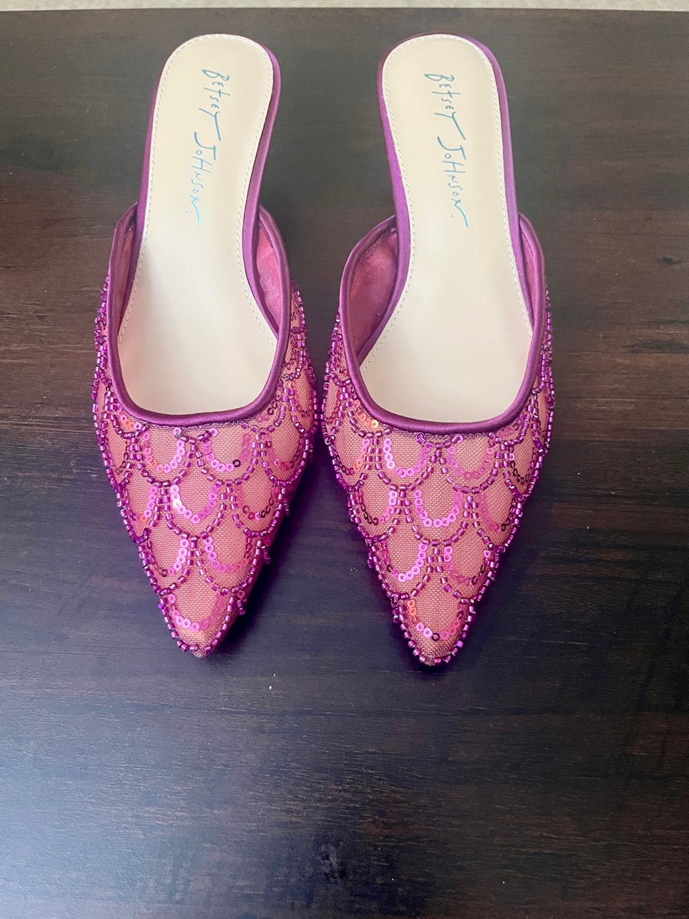 Betsey Johnson Ellis Mesh Sequin Kitten Heel Mule